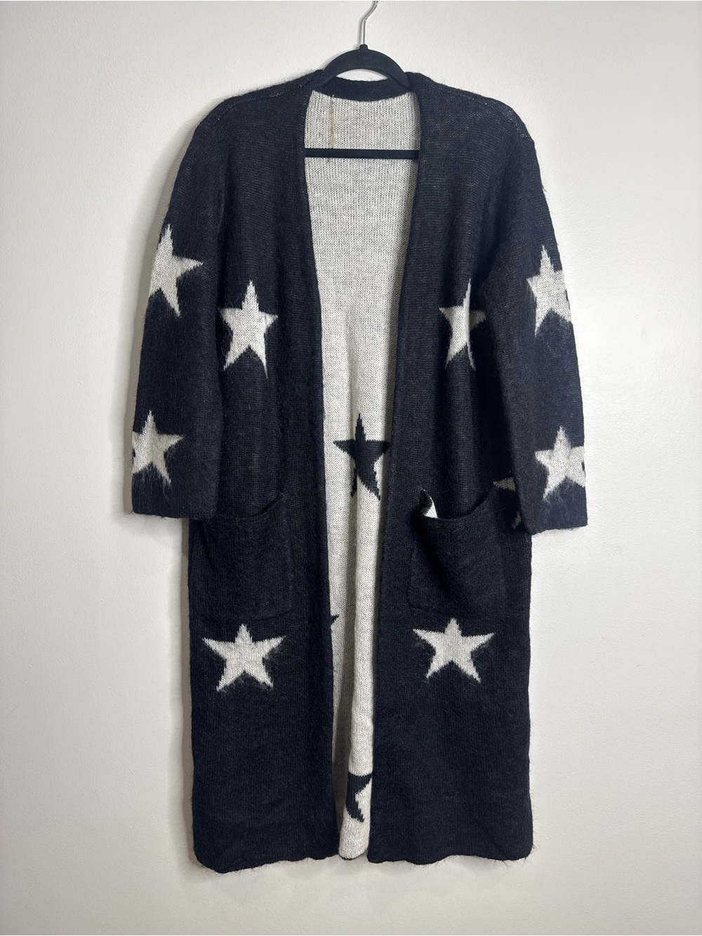 Mila Owen Longline Mohair Wool Blend Black White Star Print Open Knit Cardigan